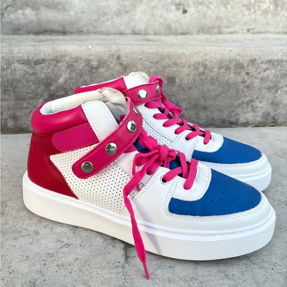 Rebecca Minkoff Blue, White & Pink High-Top Sneakers Size 10 NWOT - Picture 1 of 6